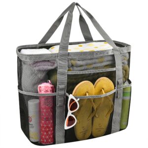 extra large mesh tote bag with multiple pockets, heavy duty beach bag for family trip camping swimming