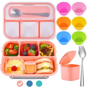 zezzxu bento lunch box for kids and adults, 1300 ml 4-compartment bento box with accessories, plastic lunch containers kit, microwave & dishwasher & freezer safe (pink)