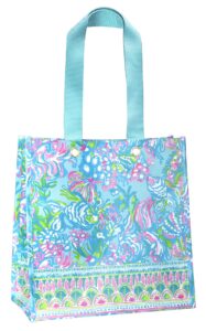 lilly pulitzer blue/green market shopper bag, reusable grocery tote with comfortable shoulder straps, aqua la vista