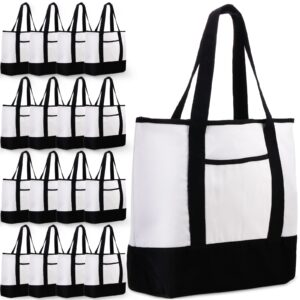 16 pcs canvas tote bag bulk with outer pocket, 18 inch cotton large tote beach bags for women grocery shopping bags tote bag blank diy gift,stylish two-tone splicing open top strong canvas bag (black)