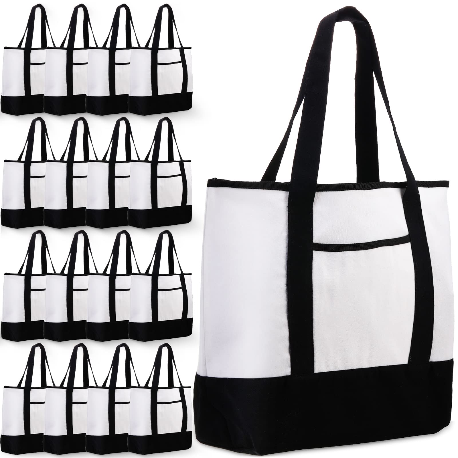 16 Pcs Canvas Tote Bag Bulk with Outer Pocket, 18 Inch Cotton Large Tote Beach Bags for Women Grocery Shopping Bags Tote Bag Blank DIY Gift,Stylish Two-Tone Splicing Open Top Strong Canvas Bag (Black)