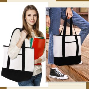 16 Pcs Canvas Tote Bag Bulk with Outer Pocket, 18 Inch Cotton Large Tote Beach Bags for Women Grocery Shopping Bags Tote Bag Blank DIY Gift,Stylish Two-Tone Splicing Open Top Strong Canvas Bag (Black)