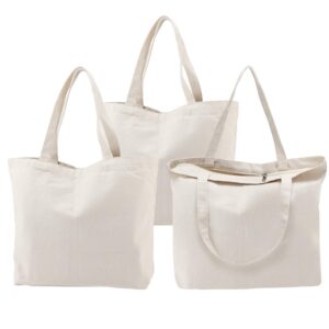 Segarty Tote Bags with Zipper, 3PCS 16.5x13 inch Natural Heavy DIY Tote for Crafting, Ironing and Embroidering, White Canvas Tote, Reusable Grocery Shopping Bag