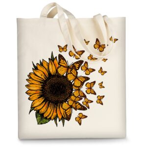 AUSVKAI Canvas Tote Bag Aesthetic for Women, Cute Trendy Sunflower Butterflies Reusable Cloth Cotton Bags with Handle for Grocery School Shopping Beach