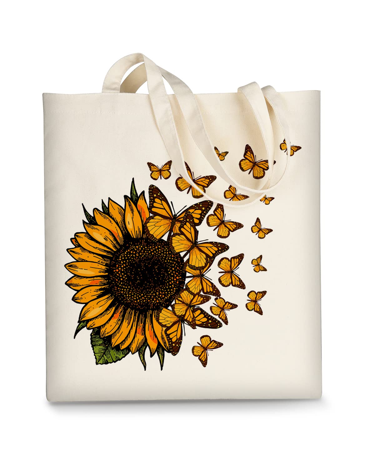 AUSVKAI Canvas Tote Bag Aesthetic for Women, Cute Trendy Sunflower Butterflies Reusable Cloth Cotton Bags with Handle for Grocery School Shopping Beach