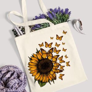 AUSVKAI Canvas Tote Bag Aesthetic for Women, Cute Trendy Sunflower Butterflies Reusable Cloth Cotton Bags with Handle for Grocery School Shopping Beach