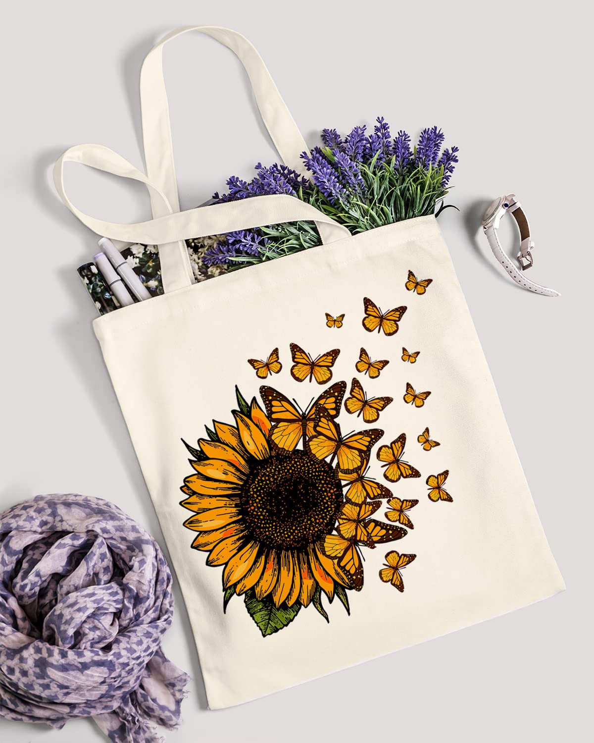 AUSVKAI Canvas Tote Bag Aesthetic for Women, Cute Trendy Sunflower Butterflies Reusable Cloth Cotton Bags with Handle for Grocery School Shopping Beach