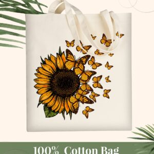 AUSVKAI Canvas Tote Bag Aesthetic for Women, Cute Trendy Sunflower Butterflies Reusable Cloth Cotton Bags with Handle for Grocery School Shopping Beach