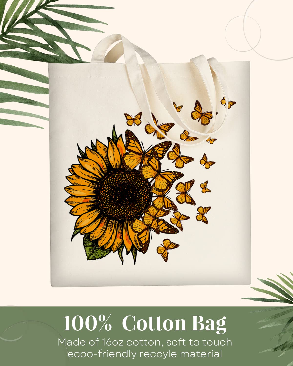 AUSVKAI Canvas Tote Bag Aesthetic for Women, Cute Trendy Sunflower Butterflies Reusable Cloth Cotton Bags with Handle for Grocery School Shopping Beach