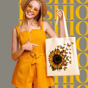 AUSVKAI Canvas Tote Bag Aesthetic for Women, Cute Trendy Sunflower Butterflies Reusable Cloth Cotton Bags with Handle for Grocery School Shopping Beach