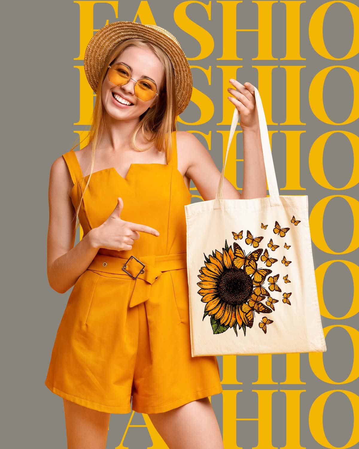 AUSVKAI Canvas Tote Bag Aesthetic for Women, Cute Trendy Sunflower Butterflies Reusable Cloth Cotton Bags with Handle for Grocery School Shopping Beach