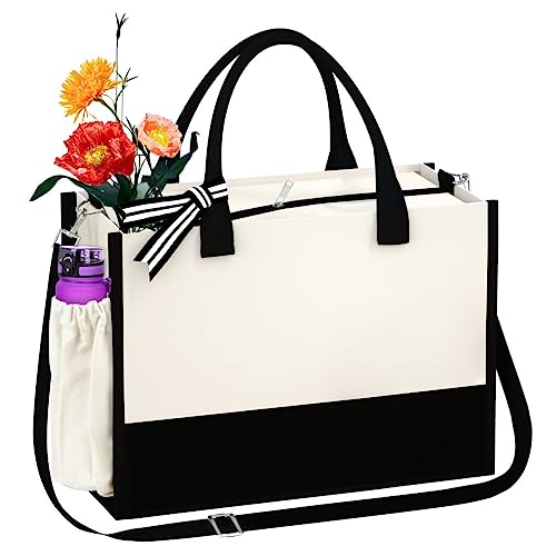 AUNOOL Blank Tote Bags for DIY Plain Canvas Bag with Zipper & Pocket & Straps Personalized Beach Bags Birthday Gifts for Mom, Friends, Teachers Bridesmaids Gifts