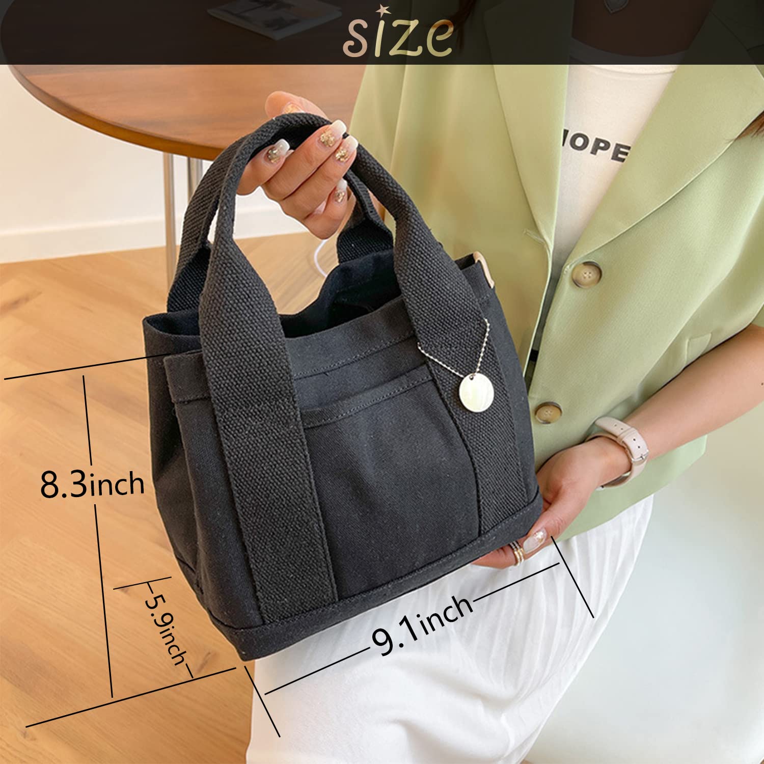 MINGRI Canvas Tote Bag for Women Small Mini Tote Bags with Pockets Small Canvas Handbag Tote Bag with Zipper Mini Tote Purse Mini Travel Bag with Compartments,without Shoulder Strap,Black