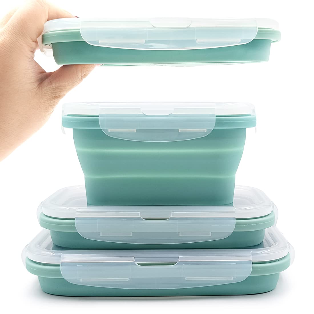 Duoyou Collapsible Silicone Lunch Bento Box, Portable Food Storage Container Outdoor Picnic Box Space Saving, Microwave, Dishwasher and Freezer Safe, 3 Pcs Set (Blue)