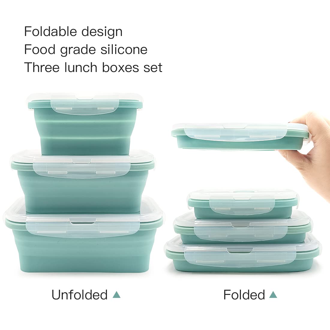 Duoyou Collapsible Silicone Lunch Bento Box, Portable Food Storage Container Outdoor Picnic Box Space Saving, Microwave, Dishwasher and Freezer Safe, 3 Pcs Set (Blue)