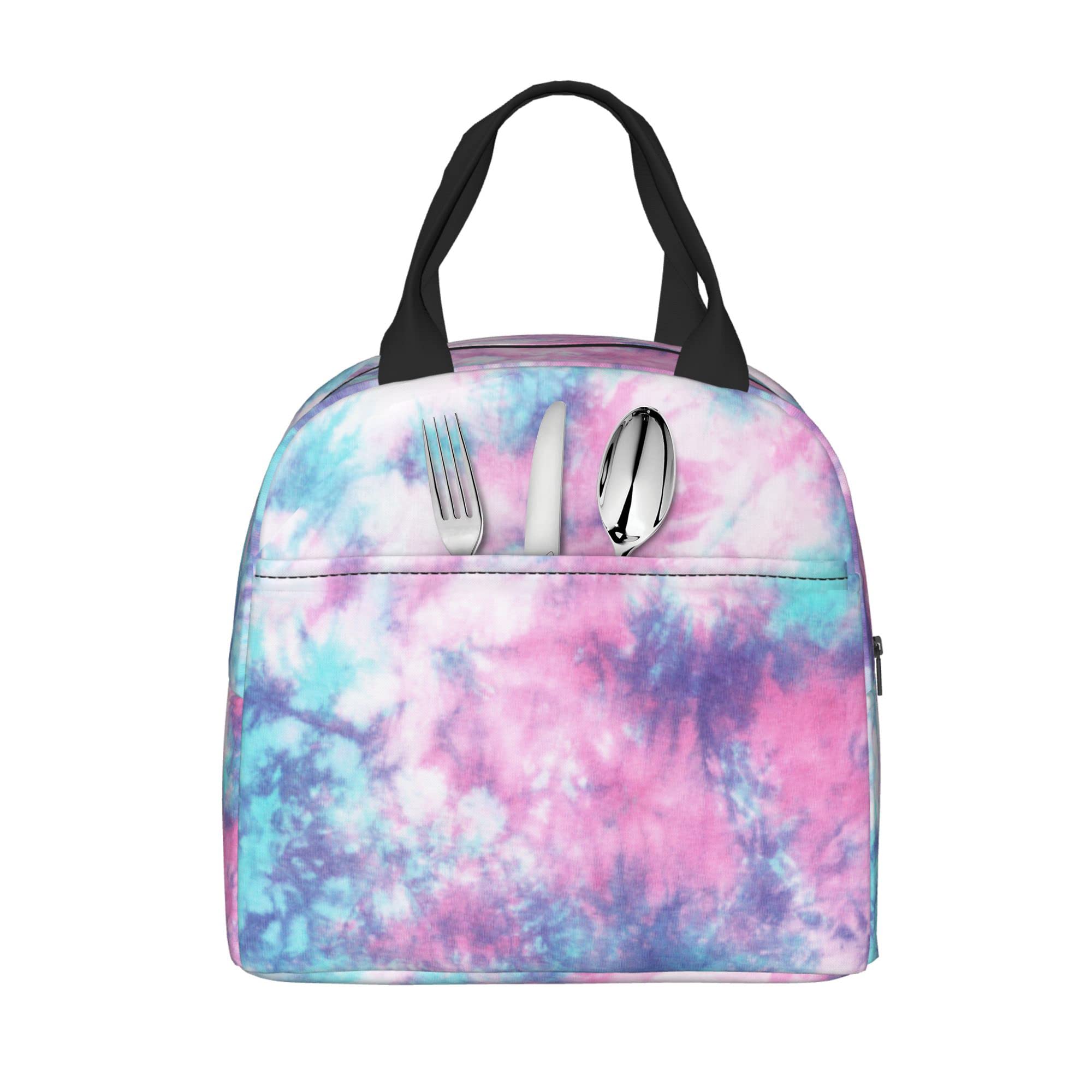 PrelerDIY Pastel Blue Pink Tie Dye Lunch Box Insulated Meal Bag Lunch Bag Reusable Snack Bag Food Container For Boys Girls Men Women School Work Travel Picnic