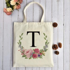 Personalized Floral Initial Tote Bags for women Canvas Tote Bags Reusable Grocery Shopping Bags for Bridesmaids Wedding Bachelorette Birthday Party Large Book Tote Gift Bags Eco - Friendly (Letter L)