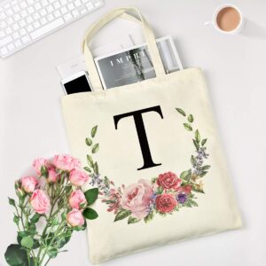 Personalized Floral Initial Tote Bags for women Canvas Tote Bags Reusable Grocery Shopping Bags for Bridesmaids Wedding Bachelorette Birthday Party Large Book Tote Gift Bags Eco - Friendly (Letter L)