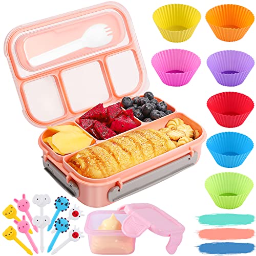 Bento Lunch Box for Kids,Bento Box Adult Lunch Box Containers,1300ML-4 Compartment Lunch Containers for Kids/Adults,with 7 Cake Cups 10 Food Picks,BPA-Free,Microwave Dishwasher Freezer Safe (Pink)