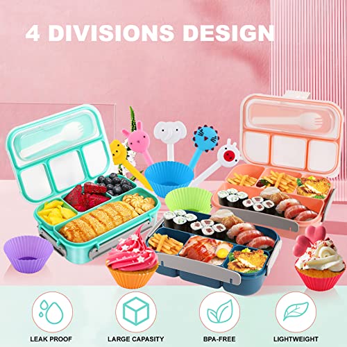 Bento Lunch Box for Kids,Bento Box Adult Lunch Box Containers,1300ML-4 Compartment Lunch Containers for Kids/Adults,with 7 Cake Cups 10 Food Picks,BPA-Free,Microwave Dishwasher Freezer Safe (Pink)