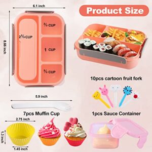 Bento Lunch Box for Kids,Bento Box Adult Lunch Box Containers,1300ML-4 Compartment Lunch Containers for Kids/Adults,with 7 Cake Cups 10 Food Picks,BPA-Free,Microwave Dishwasher Freezer Safe (Pink)