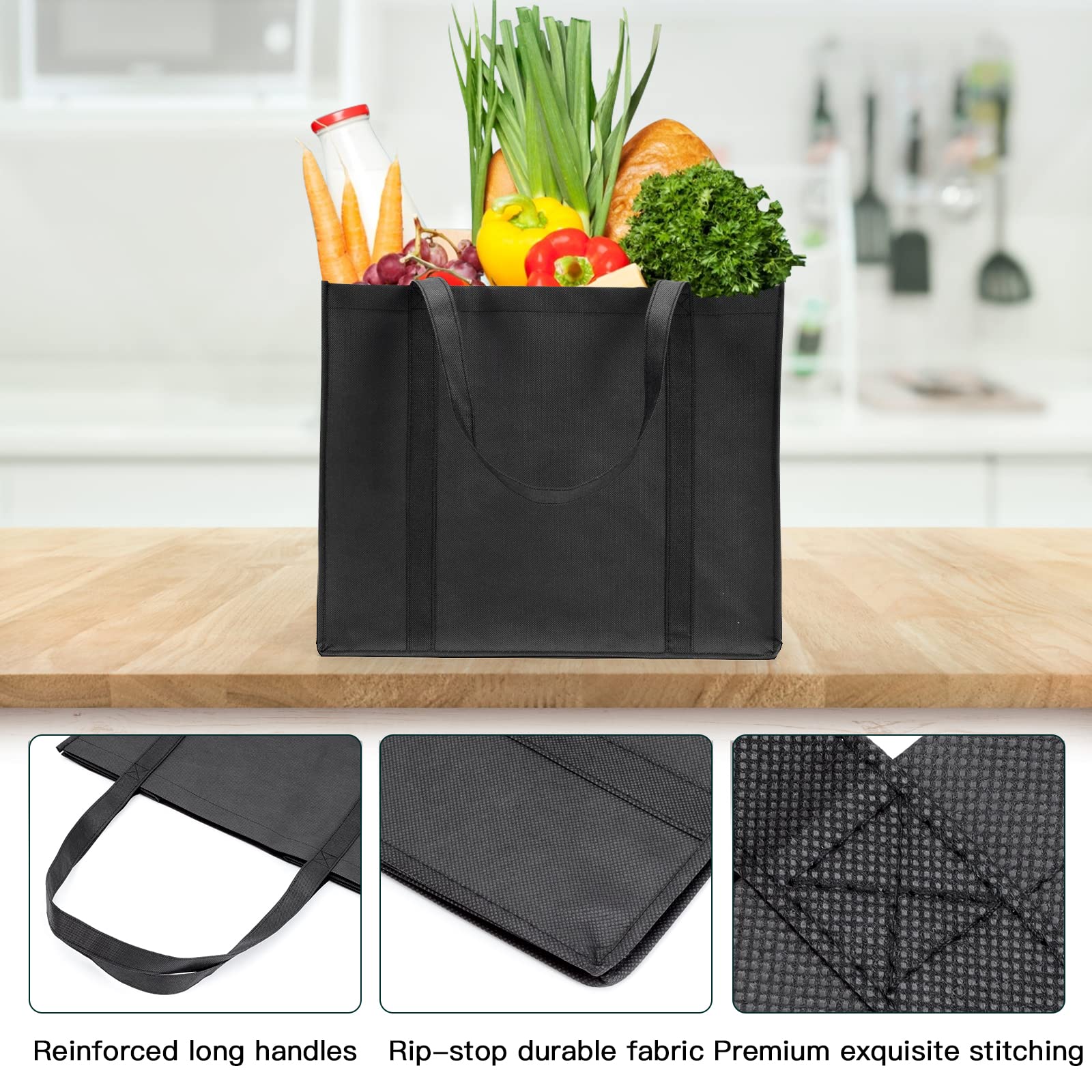 HECTOLIFE 20-Pack Reusable Grocery Bags，Large Washable Foldable Shopping Bags，Heavy Duty Tote Bags with Reinforced Handles(Black and Grey)