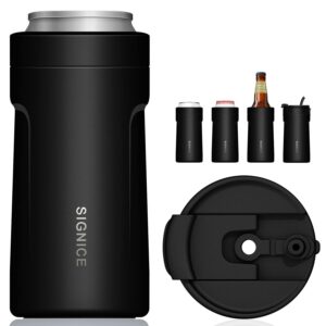 4 in 1 insulated universal can cooler with lid - newest signice 12 oz stainless steel can cooler double walled vacuum insulator for skinny tall slim standard regular can beer bottle (matte black)