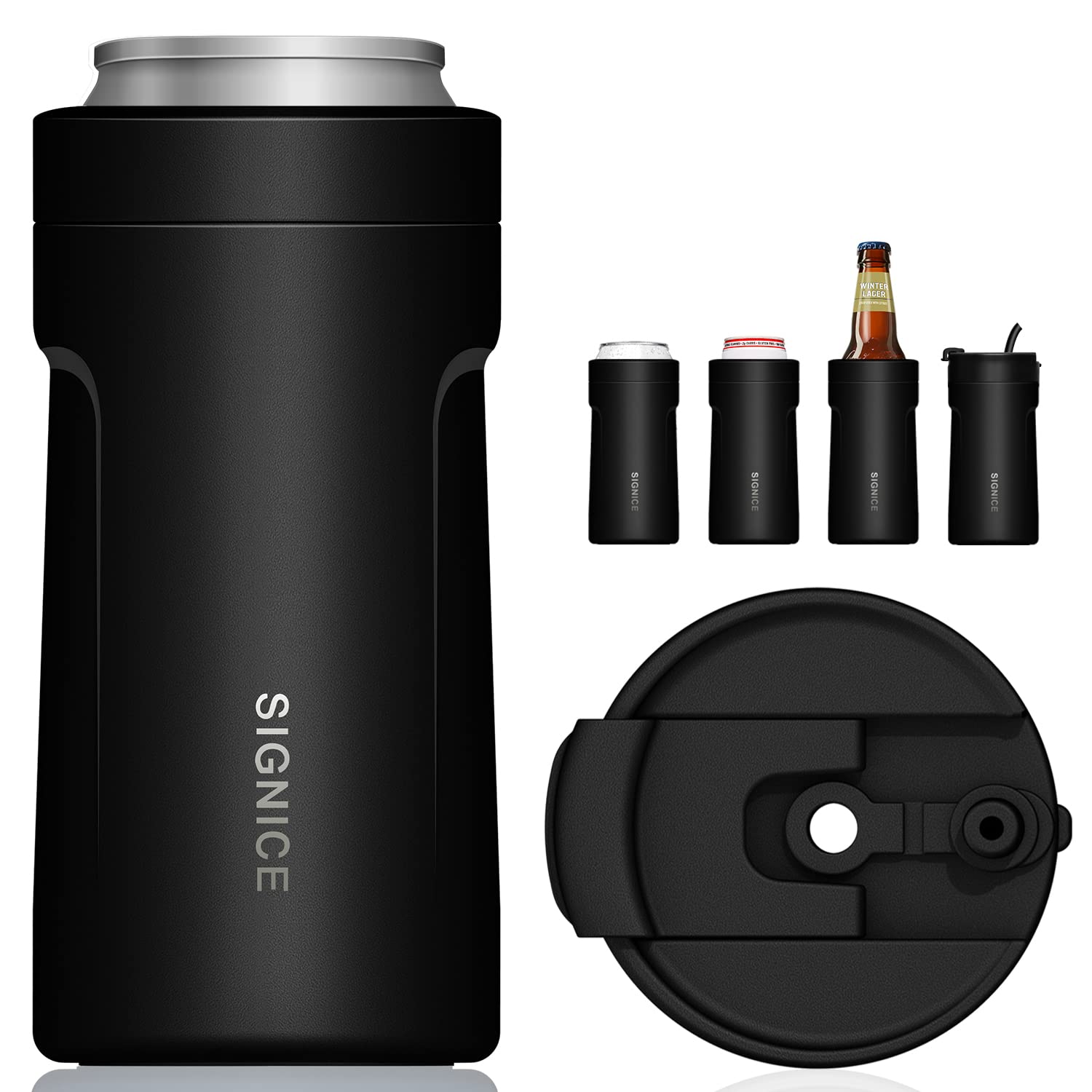 4 In 1 Insulated Universal Can Cooler with Lid - Newest Signice 12 Oz Stainless Steel Can Cooler Double Walled Vacuum Insulator for Skinny Tall Slim Standard Regular Can Beer Bottle (Matte Black)