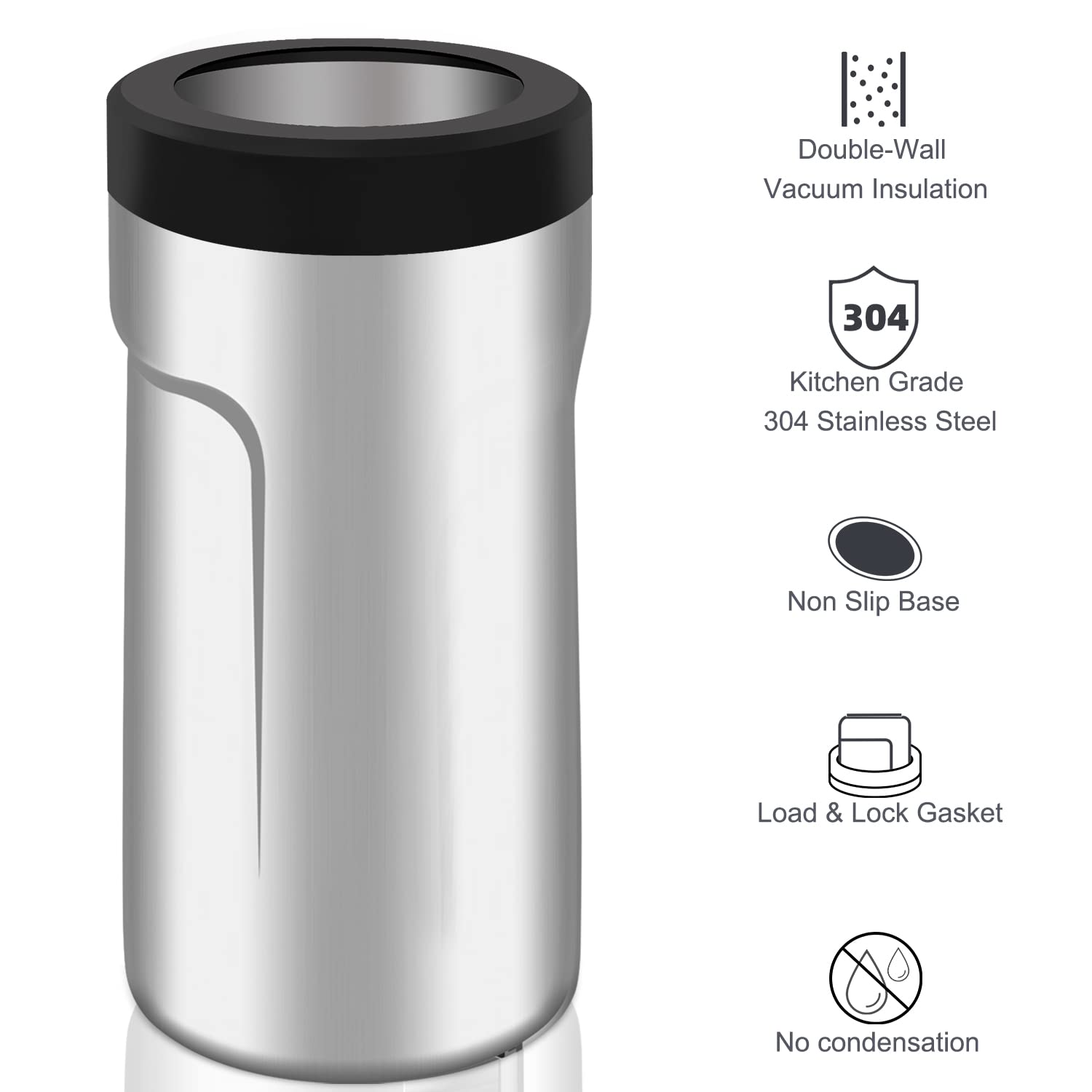 4 In 1 Insulated Universal Can Cooler with Lid - Newest Signice 12 Oz Stainless Steel Can Cooler Double Walled Vacuum Insulator for Skinny Tall Slim Standard Regular Can Beer Bottle (Matte Black)