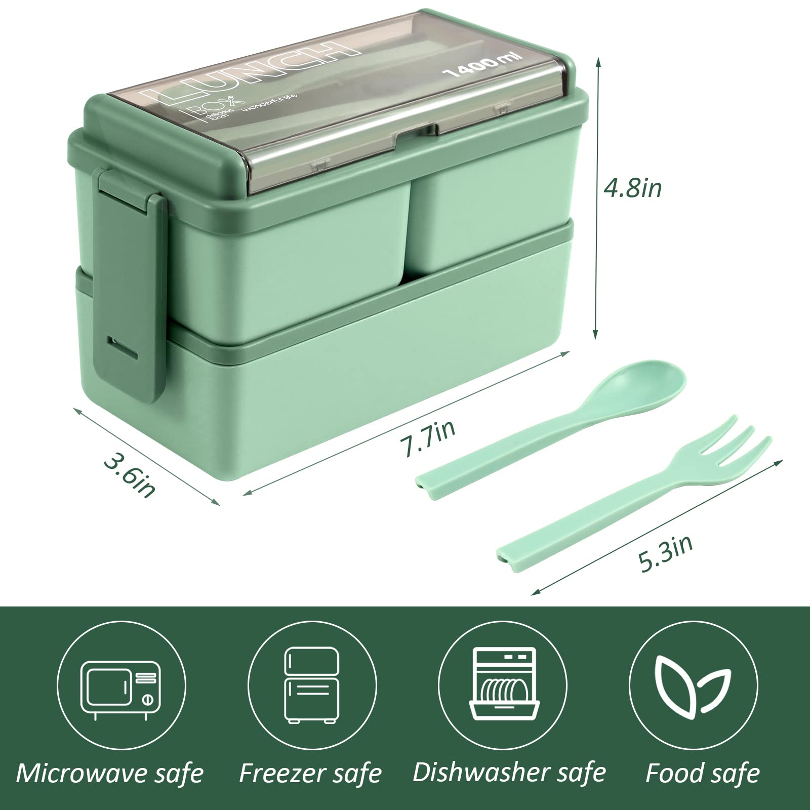 CHZZMS 2 Pack Bento Box Adult Lunch Box,49OZ Leakproof Eco-Friendly Stackable Bento Lunch Box Meal Prep for Dining Out, Work, Picnic, School (green+pink)