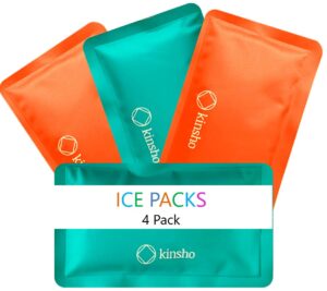 kinsho ice pack for kids lunch box, bag and bento boxes, 4 pack set, reusable and refreezable soft slim pouches for travel, school, work or camping, long lasting cold, flexible | aqua orange…