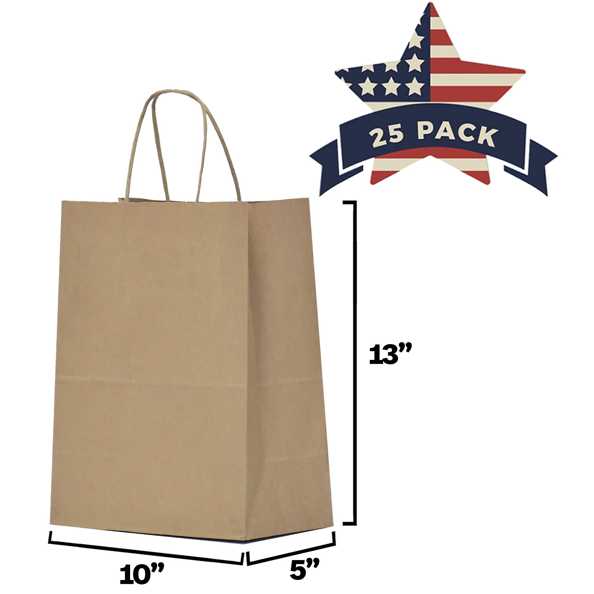 Qutuus Kraft Gift Bags Large with Handles 25 Pcs 10x5x13 inch Brown Gift Bags, Kraft Paper Bags for Shopping Reusable Grocery Bag