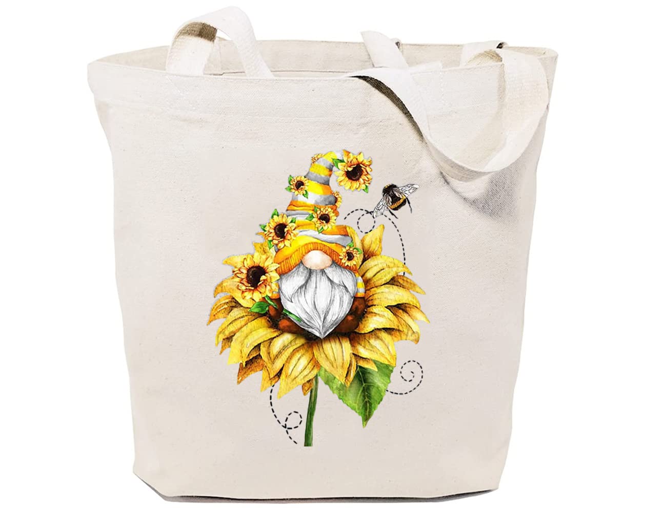 GXVUIS Canvas Tote Bag for Women Aesthetic Sunflower Gnome Reusable Grocery Shoulder Shopping Bags Girls Gifts White