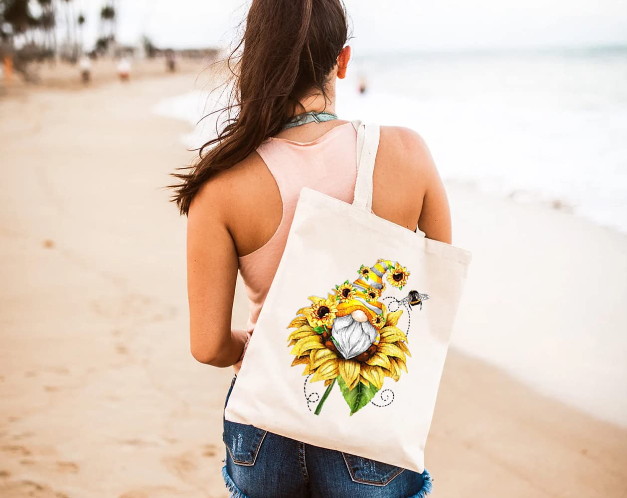 GXVUIS Canvas Tote Bag for Women Aesthetic Sunflower Gnome Reusable Grocery Shoulder Shopping Bags Girls Gifts White