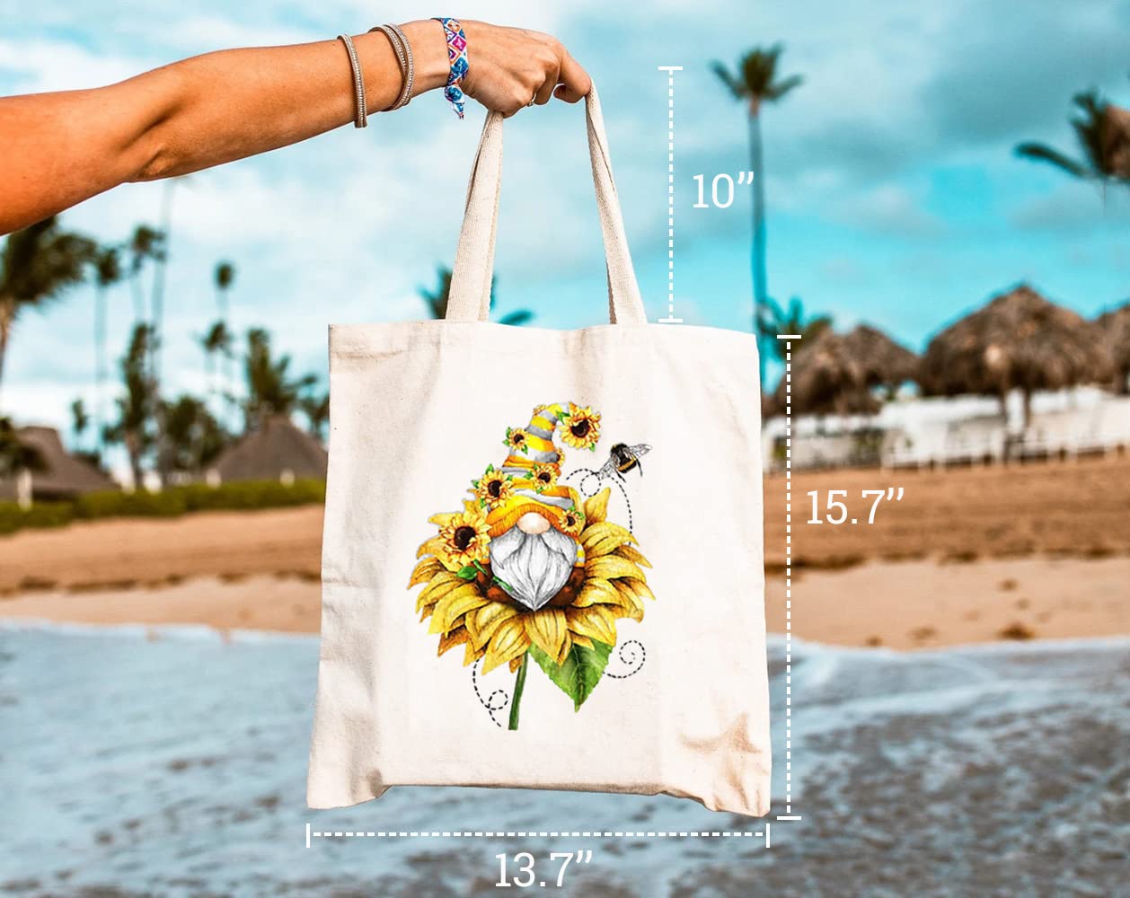 GXVUIS Canvas Tote Bag for Women Aesthetic Sunflower Gnome Reusable Grocery Shoulder Shopping Bags Girls Gifts White