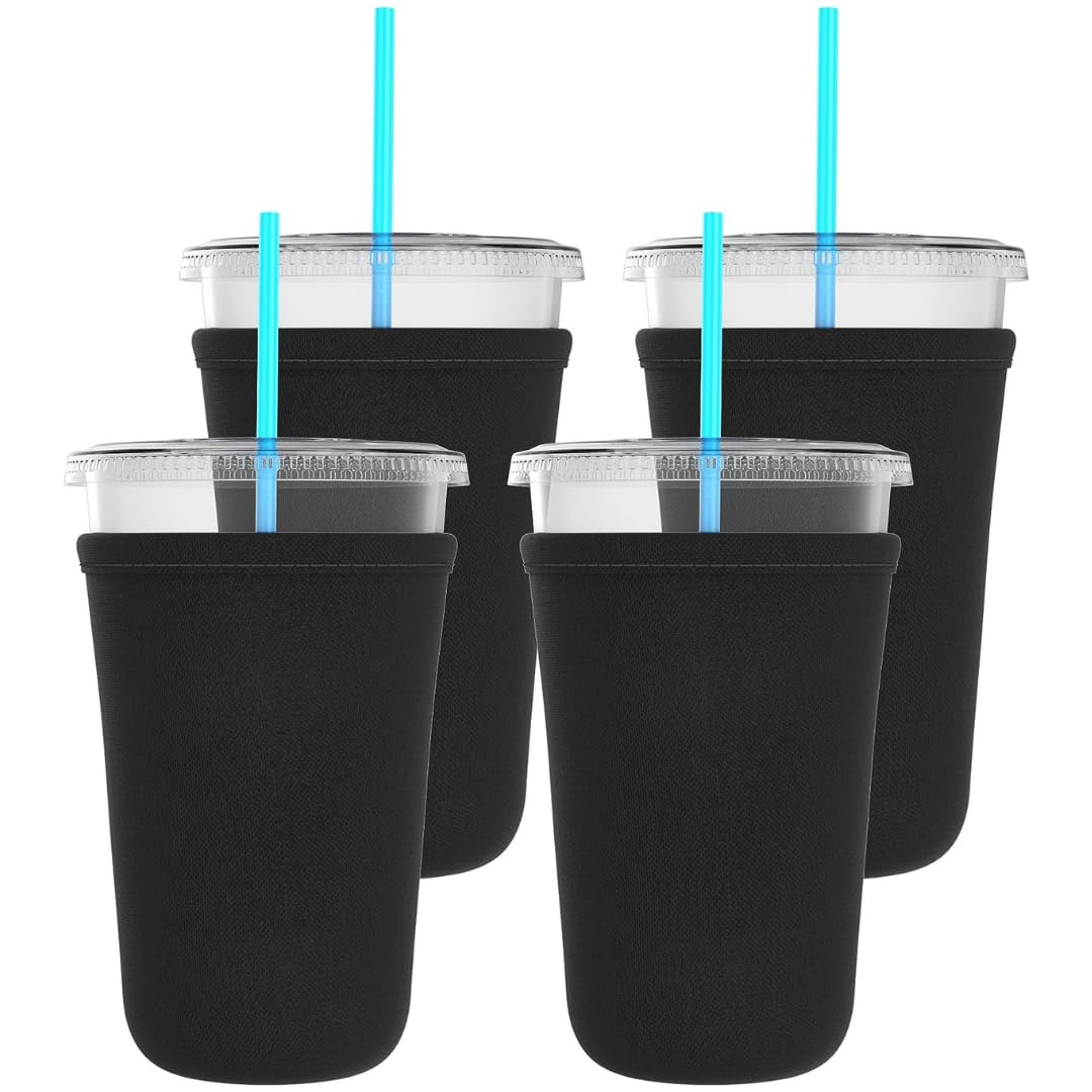 TahoeBay Iced Coffee Cold Cup Sleeve (4-Pack) Reusable Blank Neoprene Insulator Drink Sleeves 22oz - 24oz Beverage Holder for Vinyl Sublimation fits Dunkin' Medium and Starbucks Venti (Black)