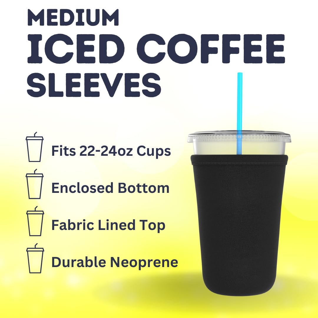 TahoeBay Iced Coffee Cold Cup Sleeve (4-Pack) Reusable Blank Neoprene Insulator Drink Sleeves 22oz - 24oz Beverage Holder for Vinyl Sublimation fits Dunkin' Medium and Starbucks Venti (Black)