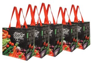 earthwise reusable grocery shopping bags extremely durable multi use large stylish fun foldable water-resistant totes design - chalkboard veggies (pack of 5)