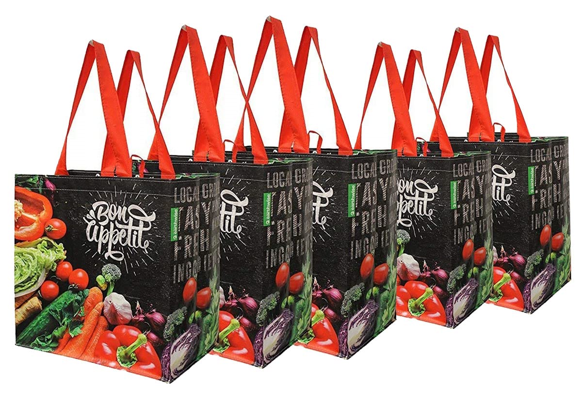 Earthwise Reusable Grocery Shopping Bags Extremely Durable Multi Use Large Stylish Fun Foldable Water-Resistant Totes Design - Chalkboard Veggies (Pack of 5)