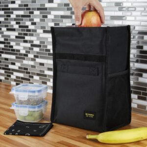 2nd Childhood Insulated Lunch Bag for Men and Women; Rolltop Lunch Box with 2 Side Mesh Pockets and 1 Exteral Slip Pocket (Black)