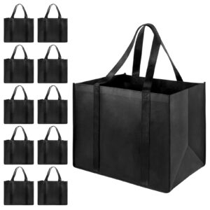 ladyrosian 10 pack heavy duty kitchen reusable grocery bags, durable xl shopping tote with handle can hold 45+lbs, stands upright, foldable & washable (black)
