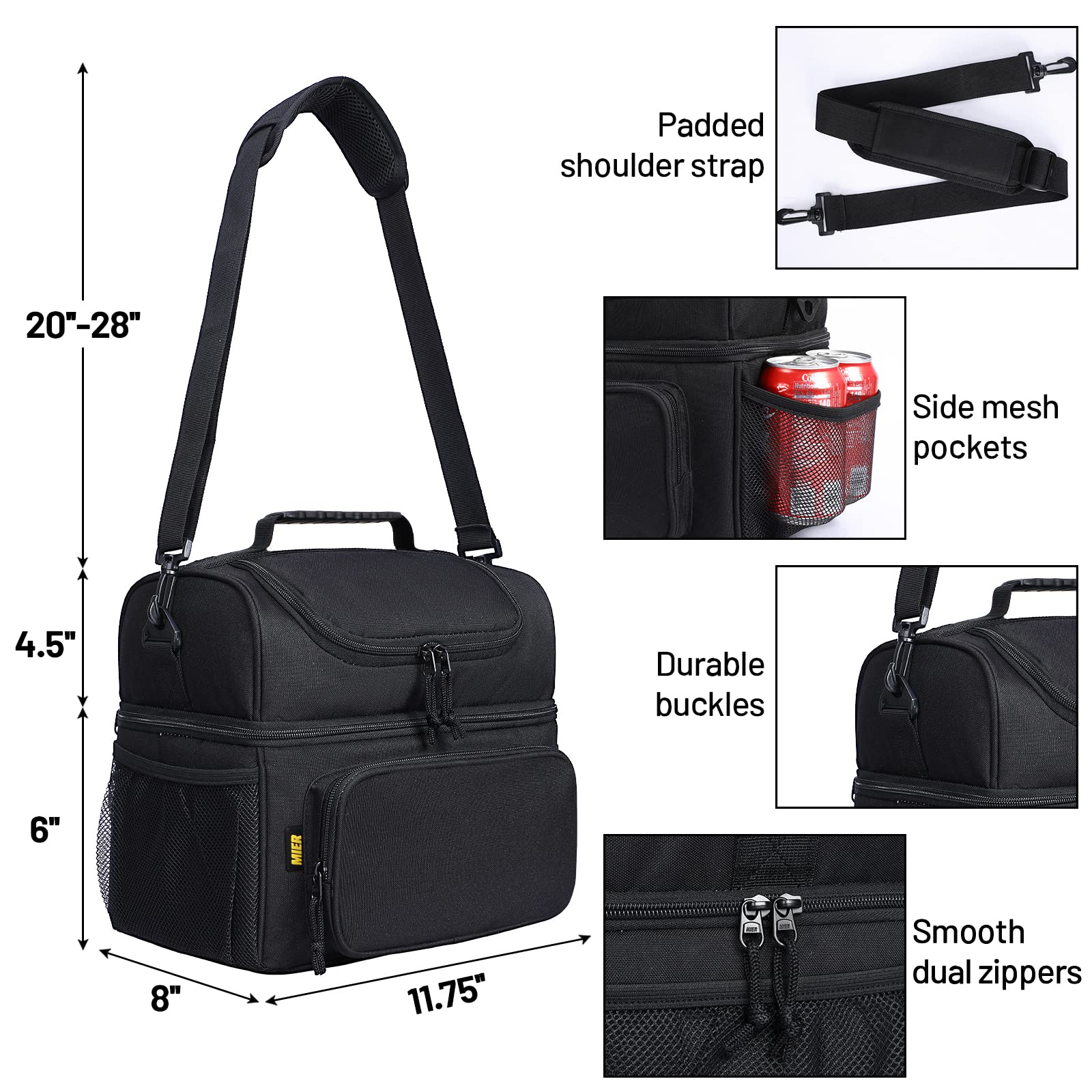 MIER Mens Insulated Lunch Box, Dual Compartment Large Lunch Bag Coolers with Shoulder Strap for Men Women Adult to Office Work, Picnic, Travel, Outdoors, Black