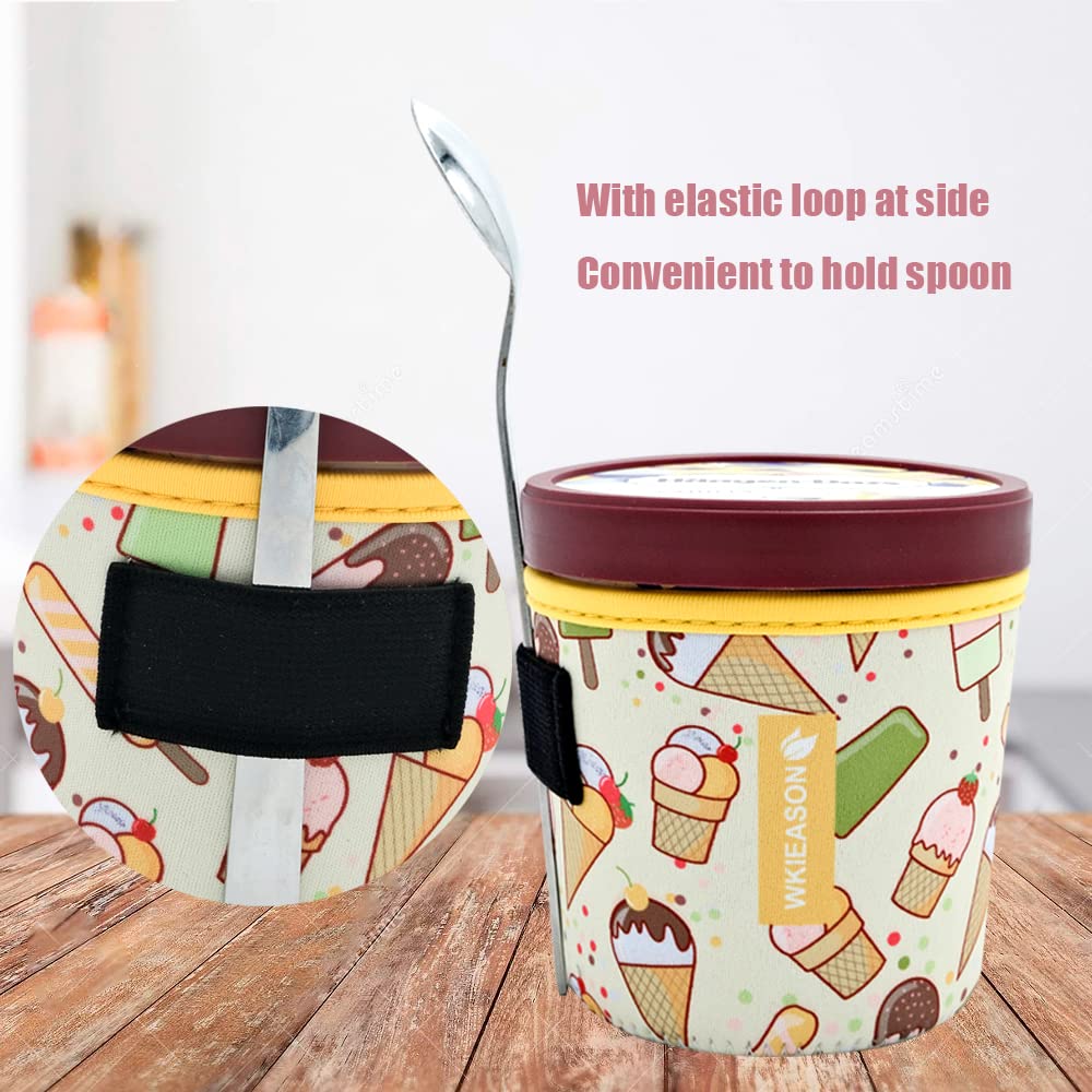 WK IEASON Ice Cream Sleeve Pin Neoprene Cooler Coozie Sleeve Insulators Cream Sleeves Neoprene Cover Holder with Spoon Holder (Geometric patterns)