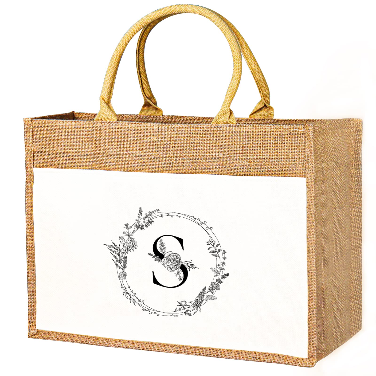 JUSTOTRY Initial Tote Bag - Natural Jute Large 13OZ Utility Personalized Canva Tote Bag Monogrammed Gift for Women