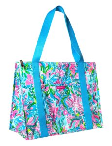 lilly pulitzer insulated market shopper bag large capacity, oversize reusable grocery tote with thermal insulated interior, golden hour