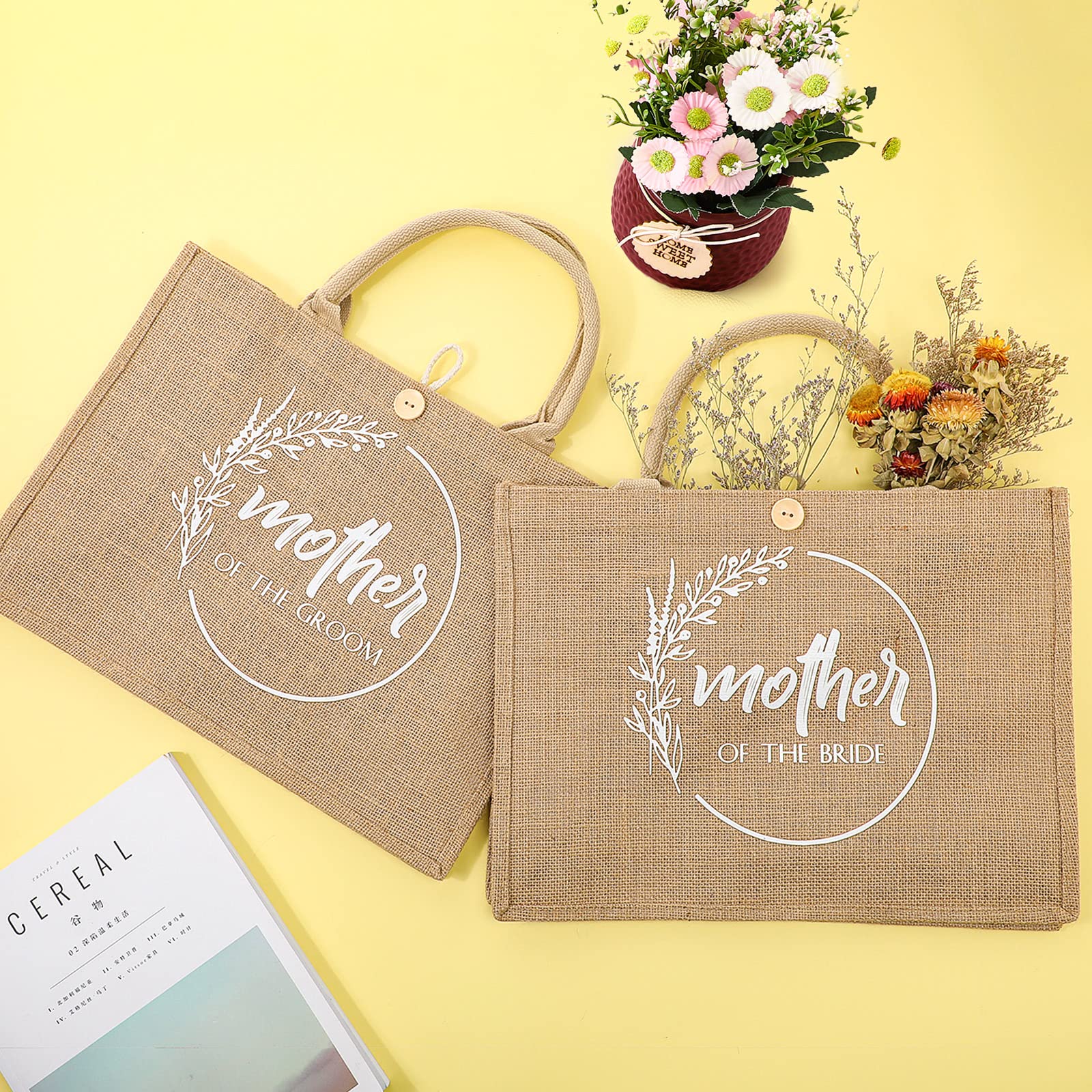 Coume 2 Pcs Mother of the Bride and the Groom Bags Wedding Gift for Guests Tote Bags with Handle Reusable Bridesmaid Gift Bags for Bridal Party Wedding Day (Brown, 15.8 x 11.8 x 5.9'')