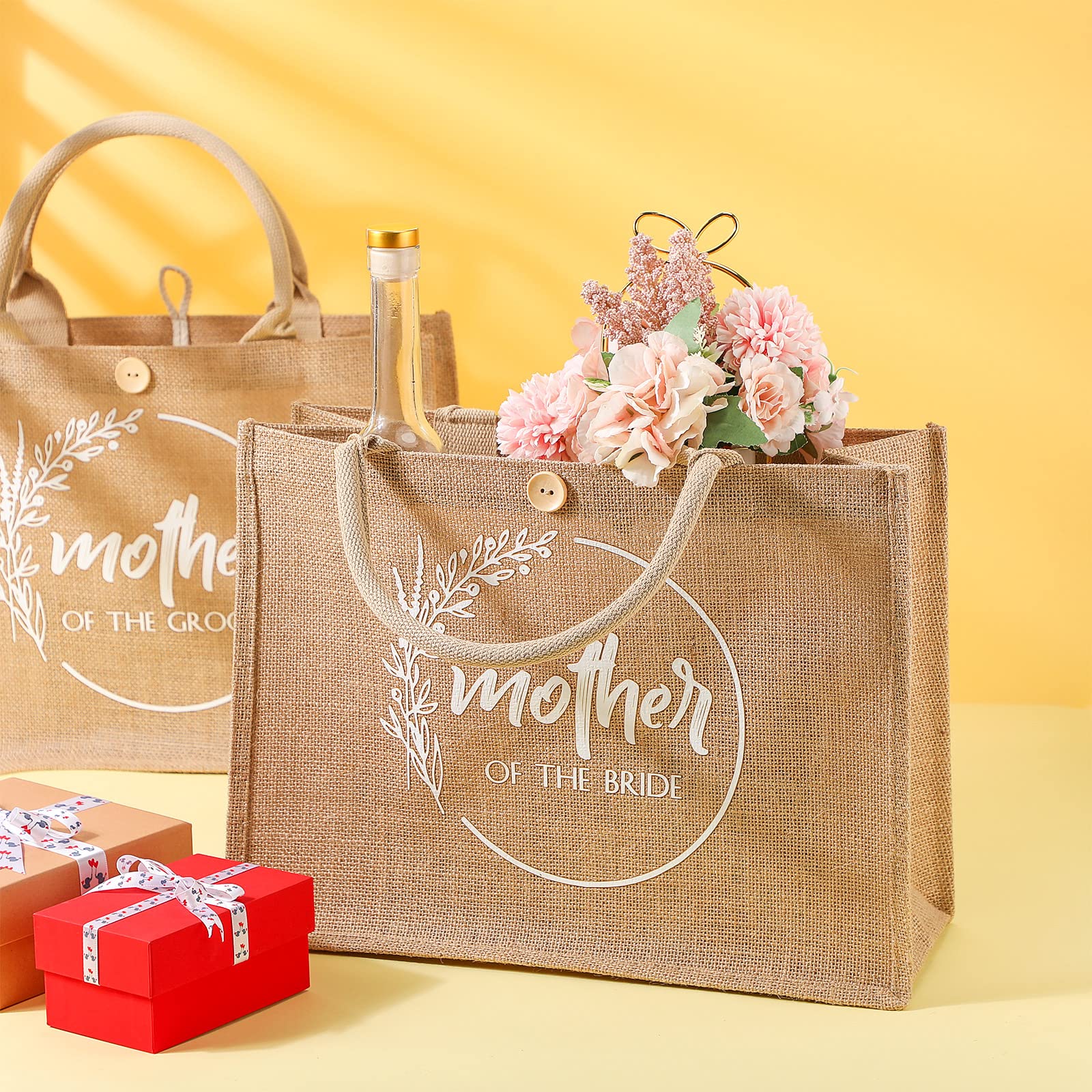 Coume 2 Pcs Mother of the Bride and the Groom Bags Wedding Gift for Guests Tote Bags with Handle Reusable Bridesmaid Gift Bags for Bridal Party Wedding Day (Brown, 15.8 x 11.8 x 5.9'')