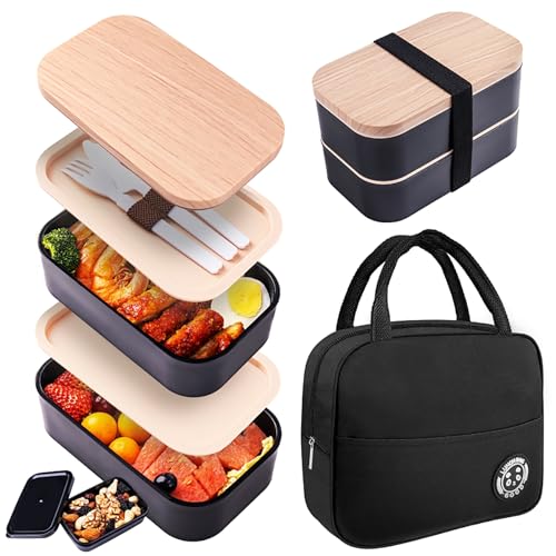 Bento Box with Lunch Bag Microwavable All-in-One Meal Prep Compartment Lunch Containers with Utensils Leak Resistant Lunch Box with Sauce Container 60oz Black