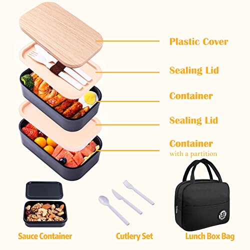 Bento Box with Lunch Bag Microwavable All-in-One Meal Prep Compartment Lunch Containers with Utensils Leak Resistant Lunch Box with Sauce Container 60oz Black