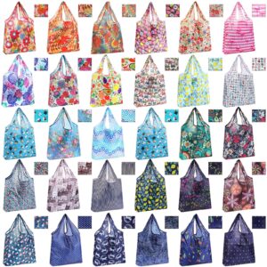 shappy 30 pcs reusable grocery bags christmas foldable shopping totes bags with separated zipper storage pouch handles lightweight waterproof reusable bags washable cloth grocery bags (floral style)
